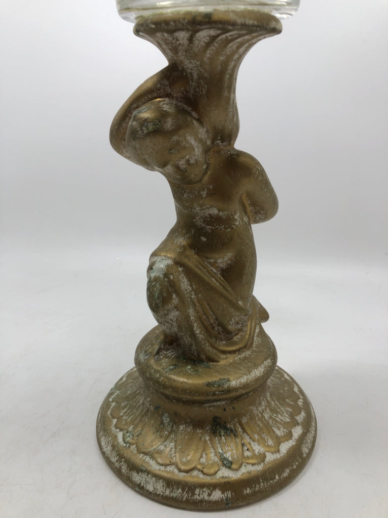 GOLD FINISHED CHERUB HURRICANE CANDLE HOLDER.