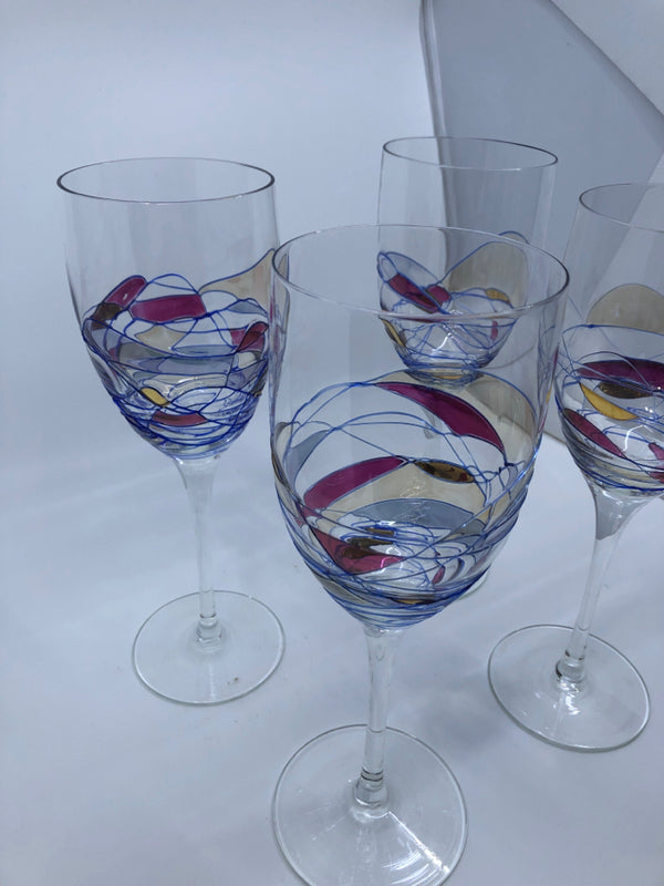 4 LARGE STAINED GLASS GLASSES PINK/GOLD/BLUE WINE GLASSES.