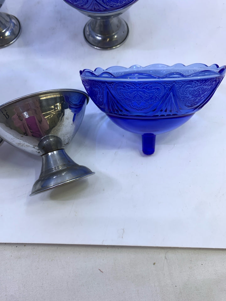 6 VTG COBALT BLUE GLASS SHERBET DISH WITH METAL HOLDER.