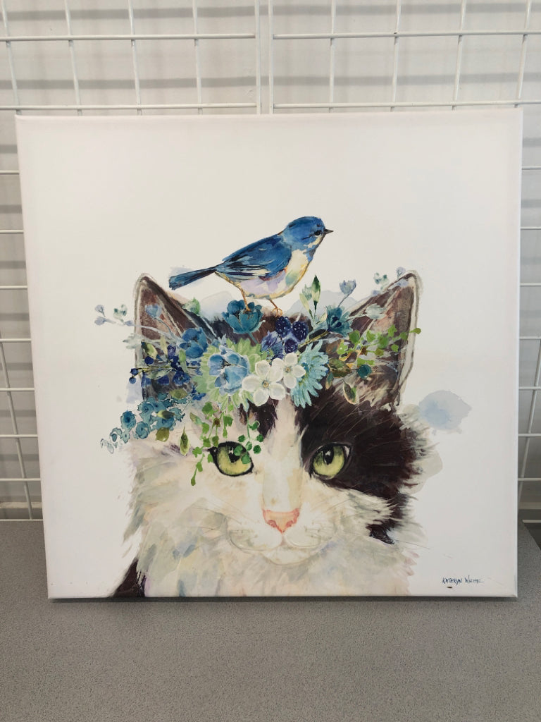 BLUE BIRD W/CAT CANVAS PRINT.