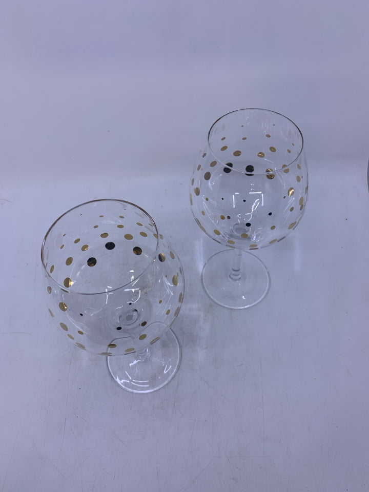 2 CLEAR WINE GLASSES W/ GOLD DOTS.