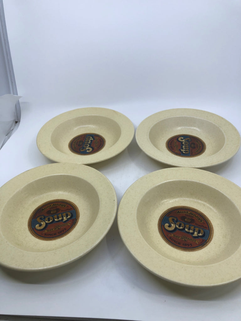 4 VTG TAN AUNT JENNY SOUP BOWLS.