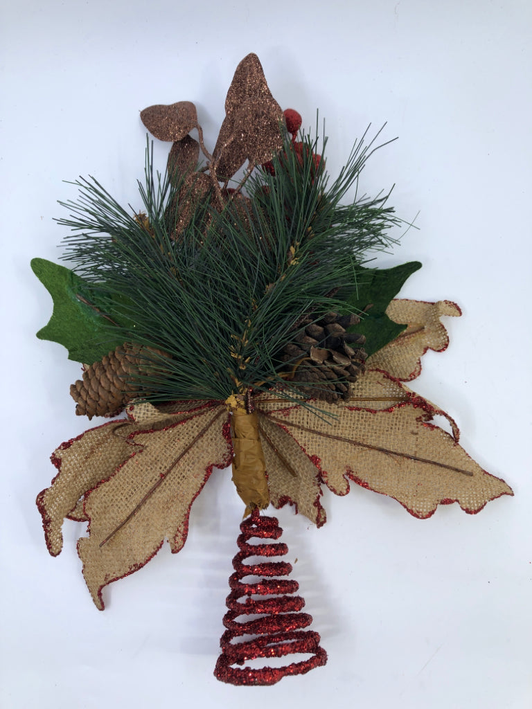 BURLAP POINSETTIA RED SPARKLY TREE TOPPER.