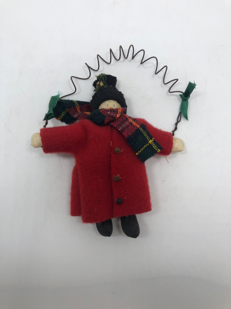 PLUSH RED COAT SNOWMAN DOOR HANGING.