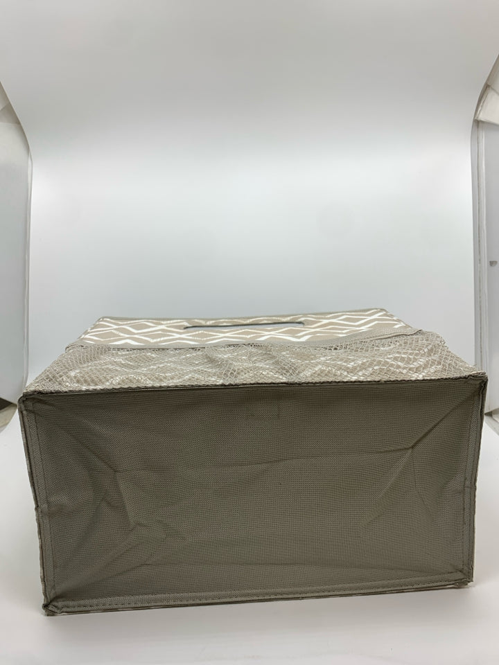 TAN W/WHITE LINES FABRIC MAGAZINE BIN.