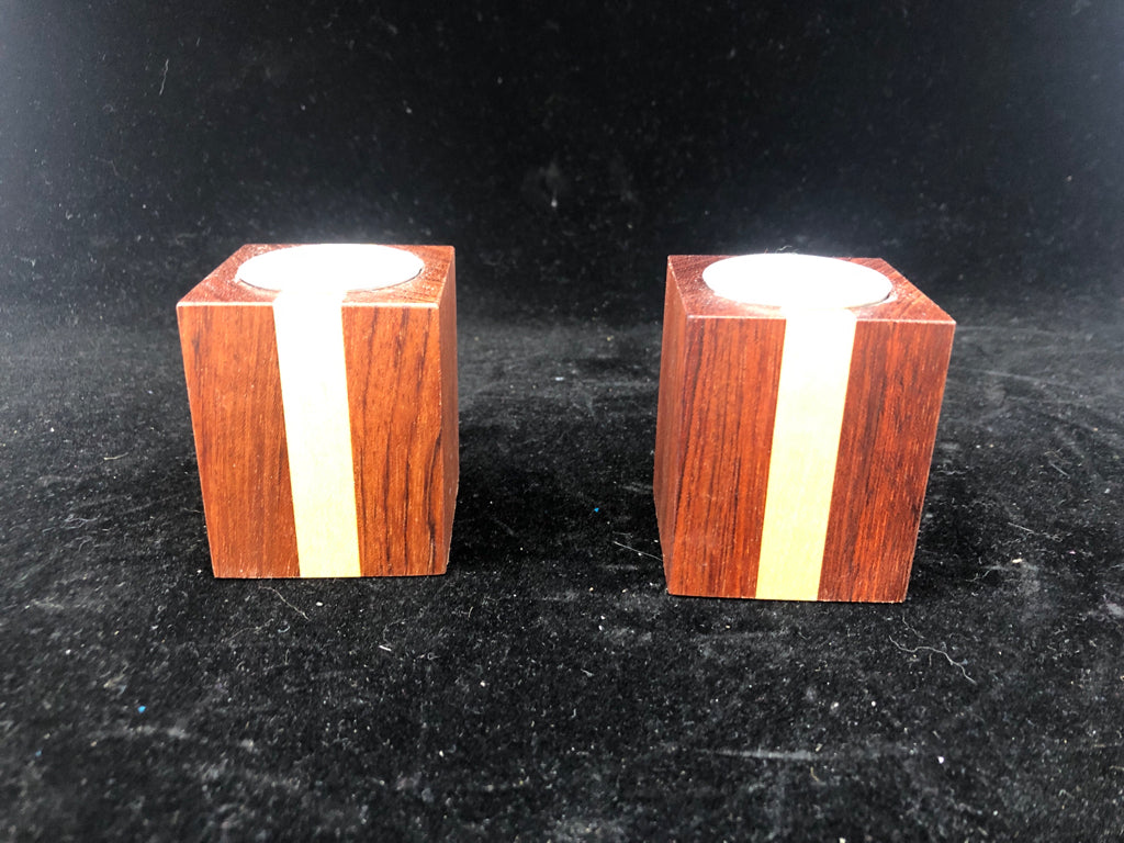 2 HANDMADE WOOD SQUARE TEA LIGHT HOLDERS.