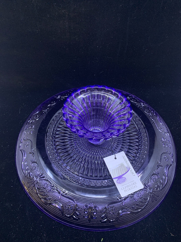 NEW TINTED PURPLE GLASS FOOTED CAKE DISH.