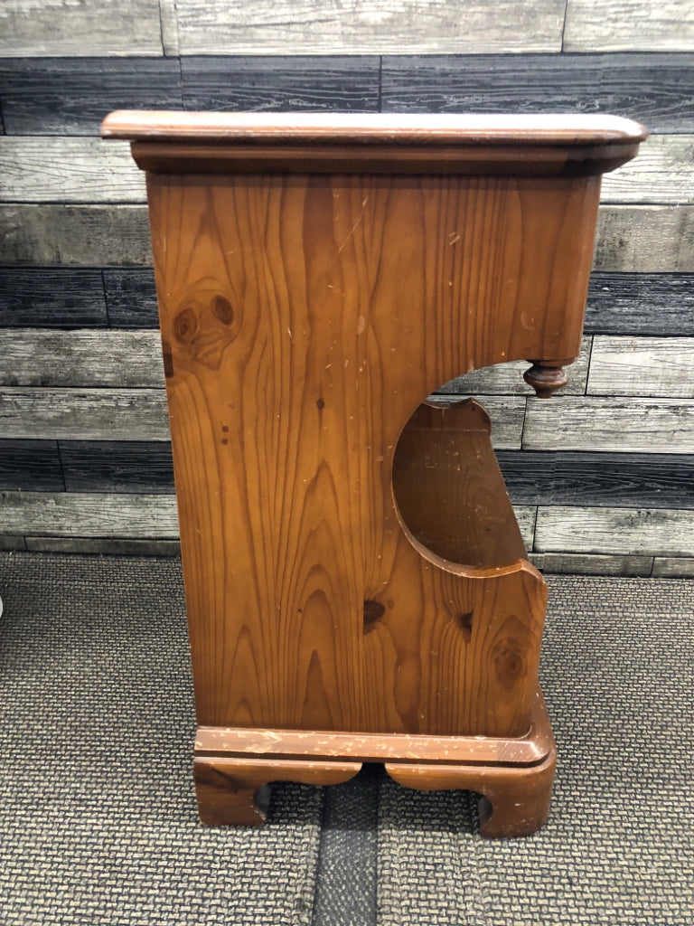 VTG WOOD NIGHTSTAND W 2 SHELVES AND DRAWER.