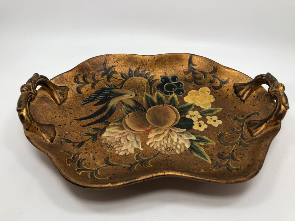 BIRD PAINTED GOLD CERAMIC TRAY W/HANDLES.
