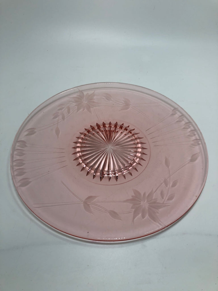 VTG PINK GLASS FLORAL ETCHED PLATE.