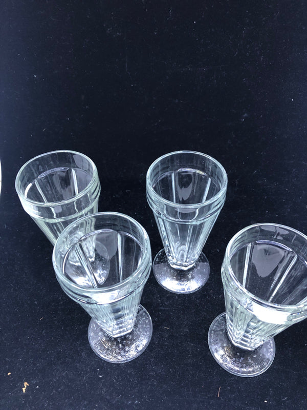 4 TALL GLASS SUNDAE CUPS W/ CARVED FOOT.