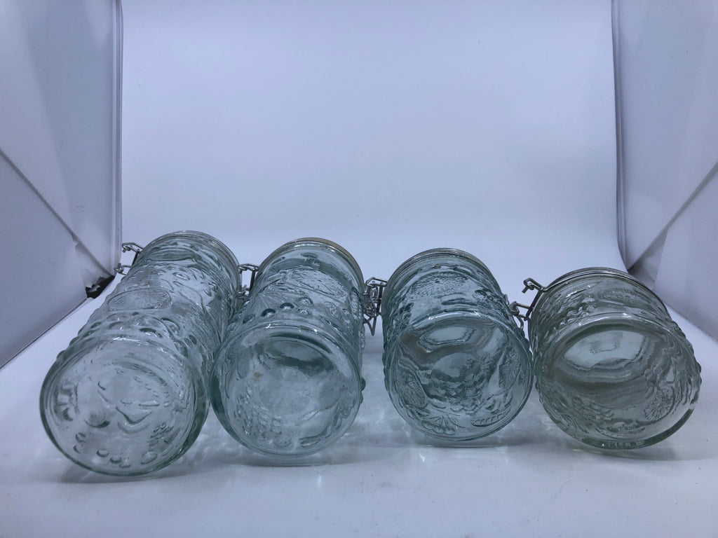 4PC GLASS CANISTER SET W/LOCKING LIDS- FRUIT EMBOSSED.