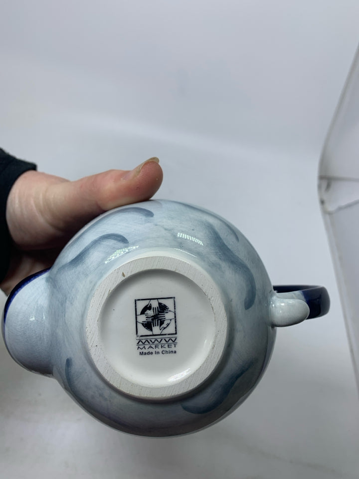 NIGHT SCENE SNOWMAN TRAVELING W/ SHEEP SMALL NAVY TEAPOT.
