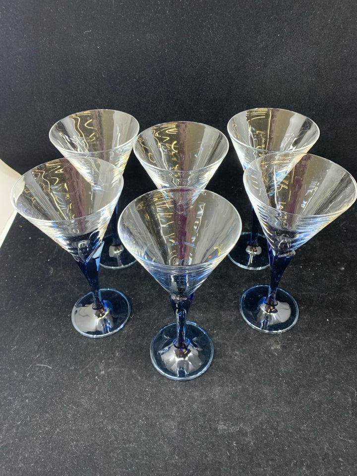 6 BLUE STEM CHAMPAGNE FLUTES.