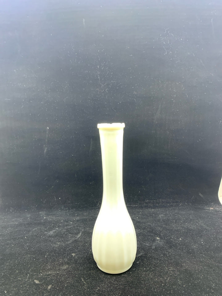 MILK GLASS VASE RIBBED W/ LONG NECK.