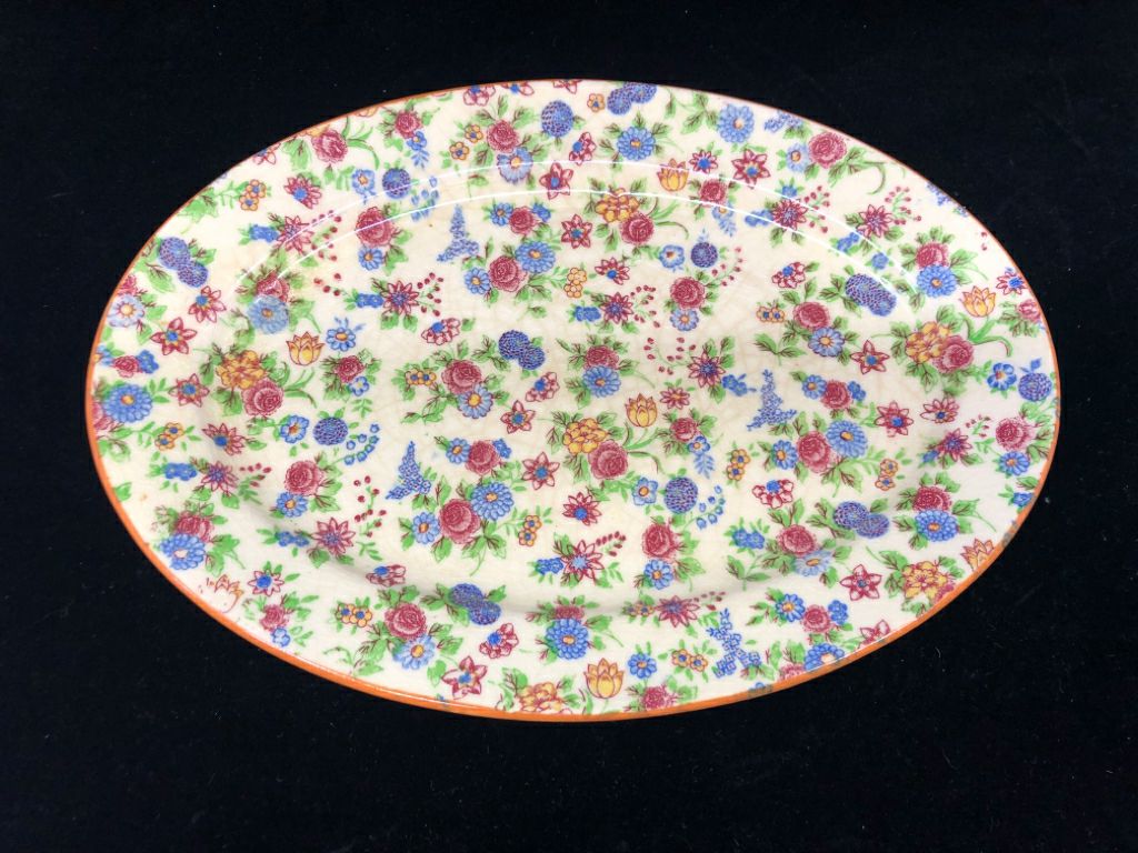 VTG BLUE AND PINK FLORAL OVAL PLATTER- JAPAN.
