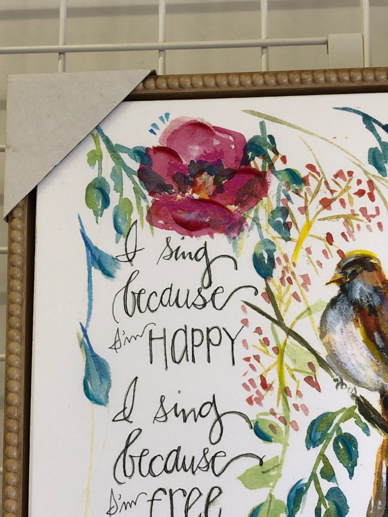 BIRDS, PINK FLOWERS PAINTED CANVAS IN LT WOOD FRAME.