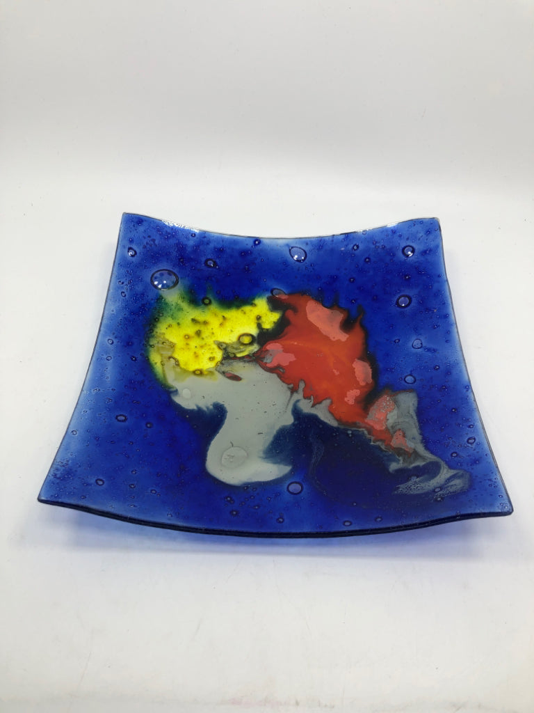 BLUE FUSED GLASS PLATE.
