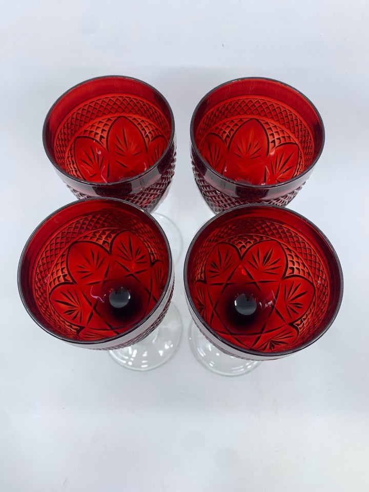 4 DARK RED GLASS WINE GLASSES.