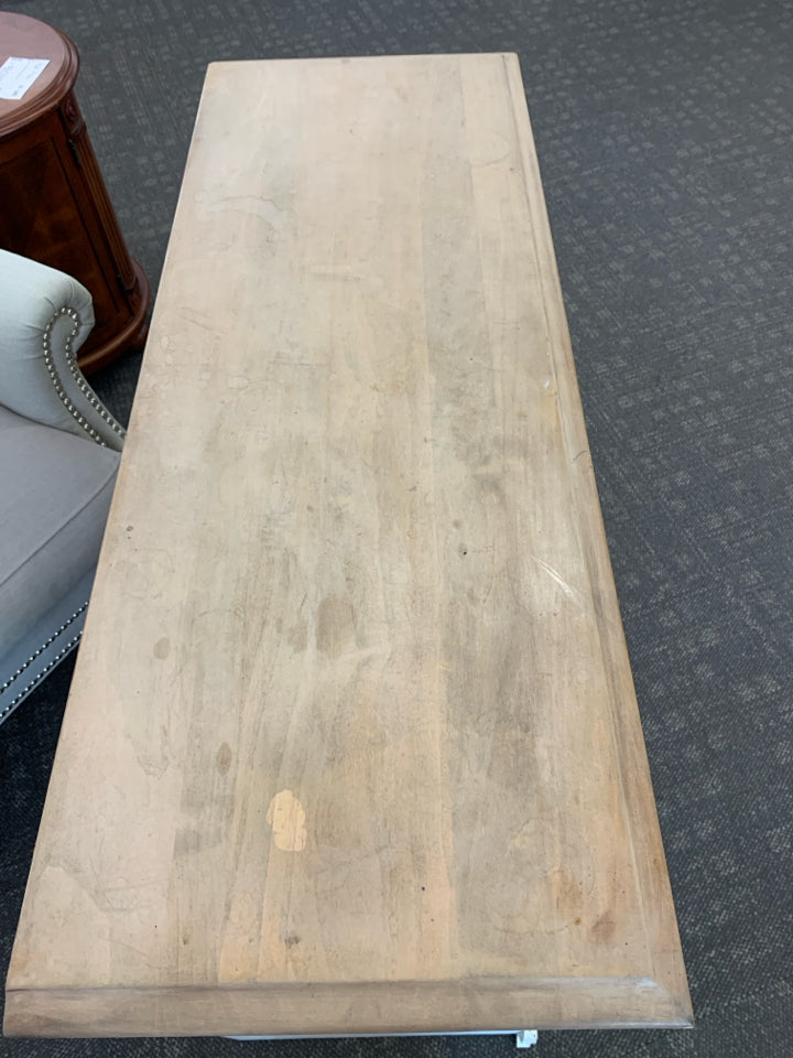 RUSTIC OFF WHITE DESK W/ 3 DRAWERS + CANE CHAIR.