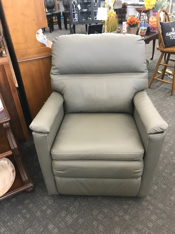 GREY FAUX LEATHER SWIVEL RECLINER CHAIR.