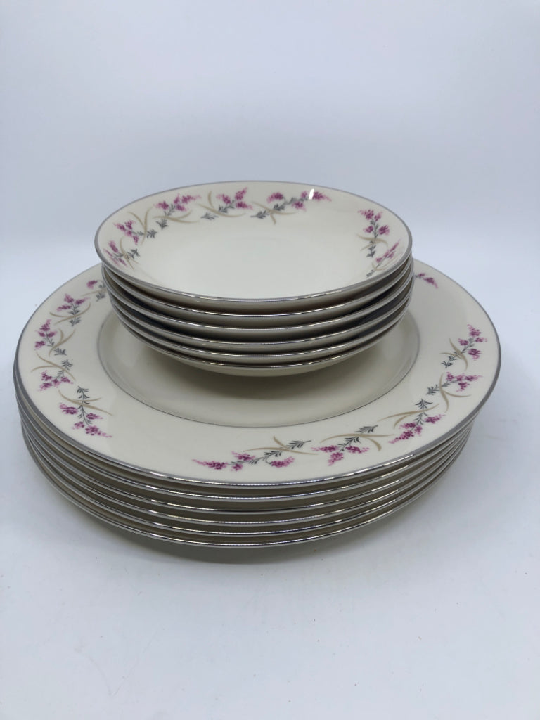 12 PC VTG TRIOMPHE LILAC FLORAL SERV FOR 6- 6 DINNER PLATES, 6 SALAD/SIDE BOWLS.