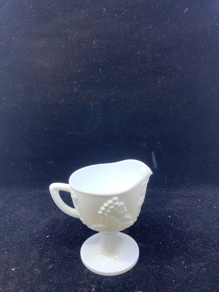 VTG MILK GLASS FOOTED EMBOSSED CREAM/GRAVY SERVER.