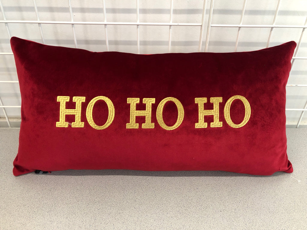 HO HO HO RED VELOUR ACCENT PILLOW.
