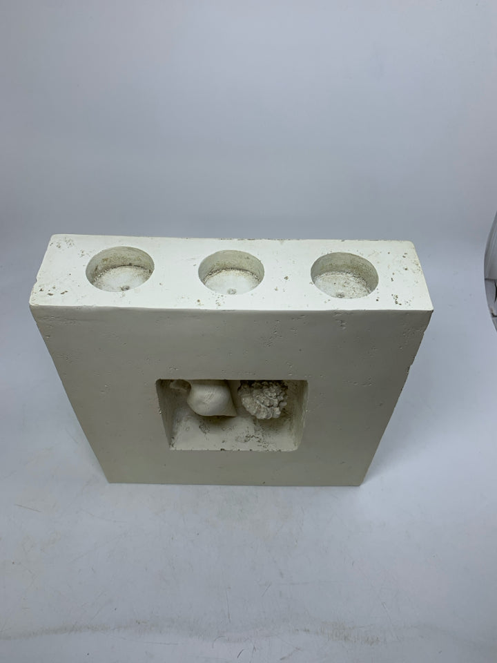 HEAVY SQUARE WALL HANGING WHITE W/ SHELLS 3 SLOT TEA LIGHT HOLDER.