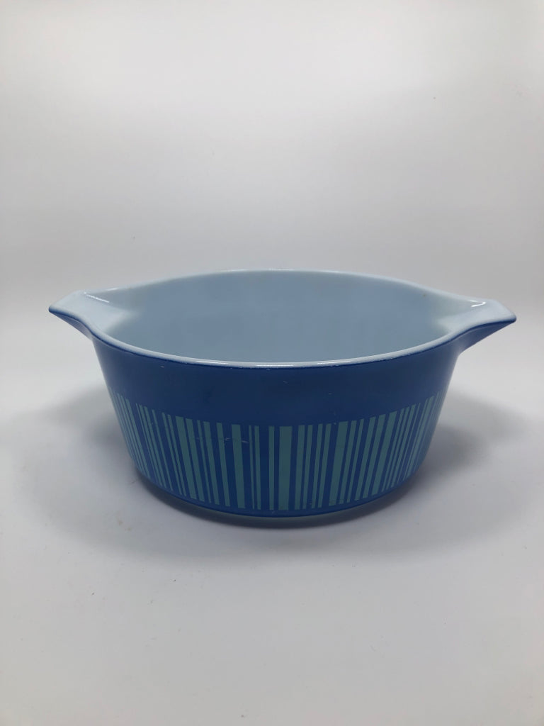 VTG "BARCODE" BLUE STRIPE CASSEROLE DISH - PYREX.