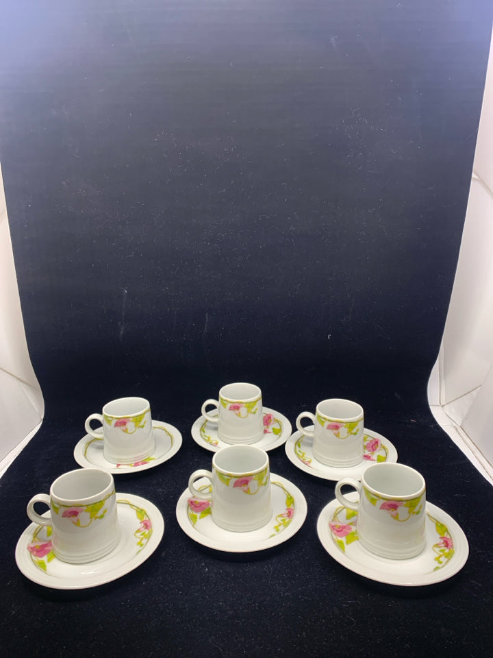 12 PC PINK FLORAL ESPRESSO DEMITASSE CUP SET - 6 CUPS, 6 SAUCERS.