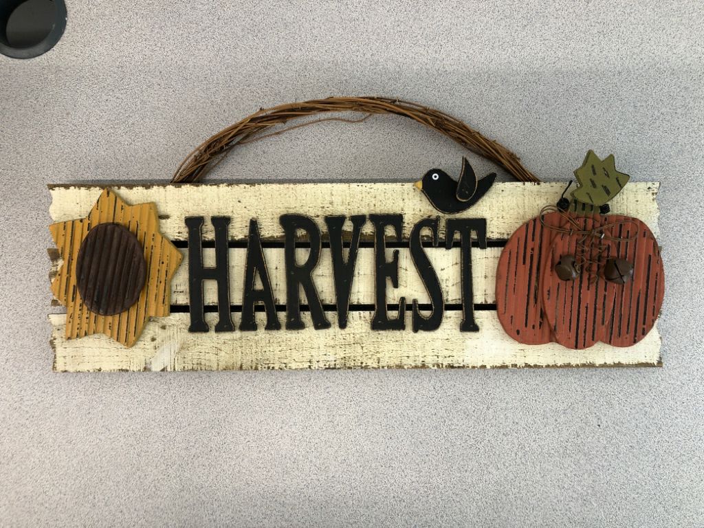 "HARVEST" WOODEN LAYERED WALL-HANGING.