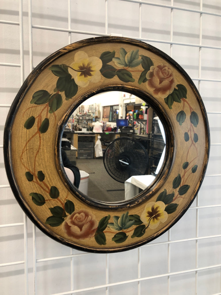 FLORAL PAINTED CIRCULAR WOODEN MIRROR WALL-HANGING.