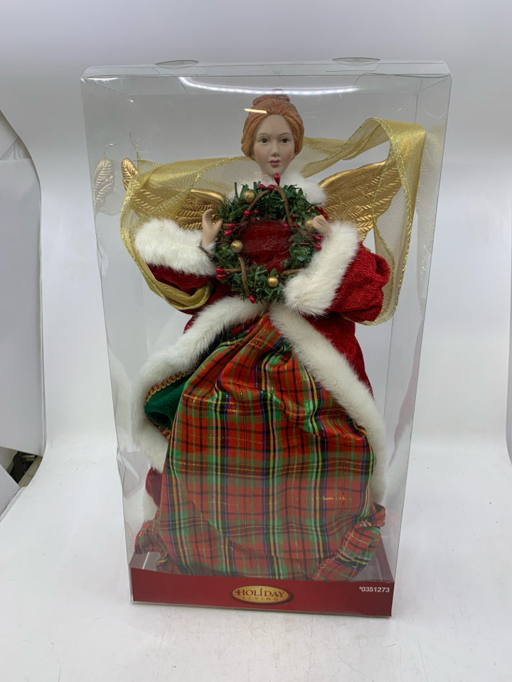 NIP ANGEL TREE TOPPER W/ PLAID DRESS/RED COAT.