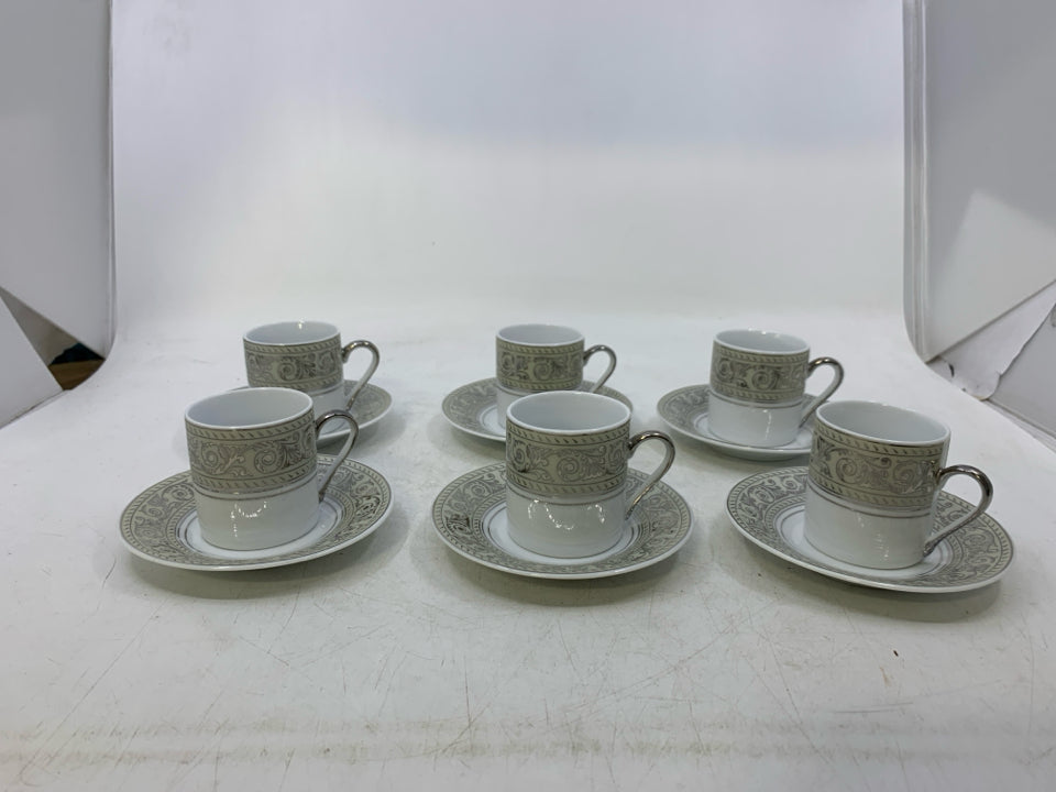 VTG 12 PC DEMITASSE WHITE W/ SILVER SCROLL YAU SHING.