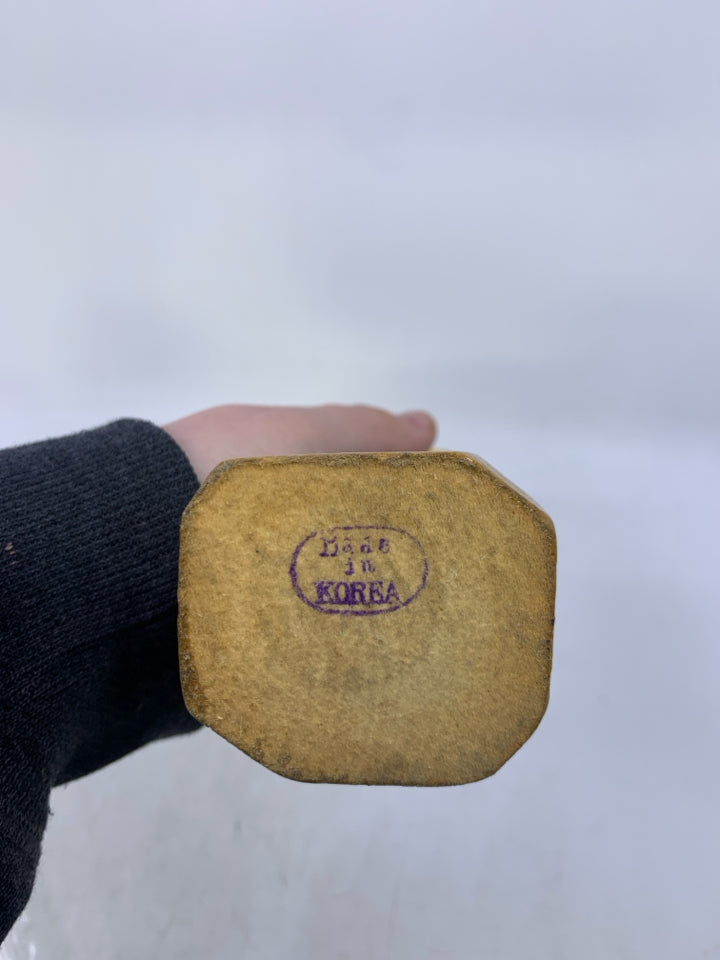 HAND CARVED PAINTED WOMAN HOLDING CHILD W/ BOX ON HEAD MADE IN KOREA.