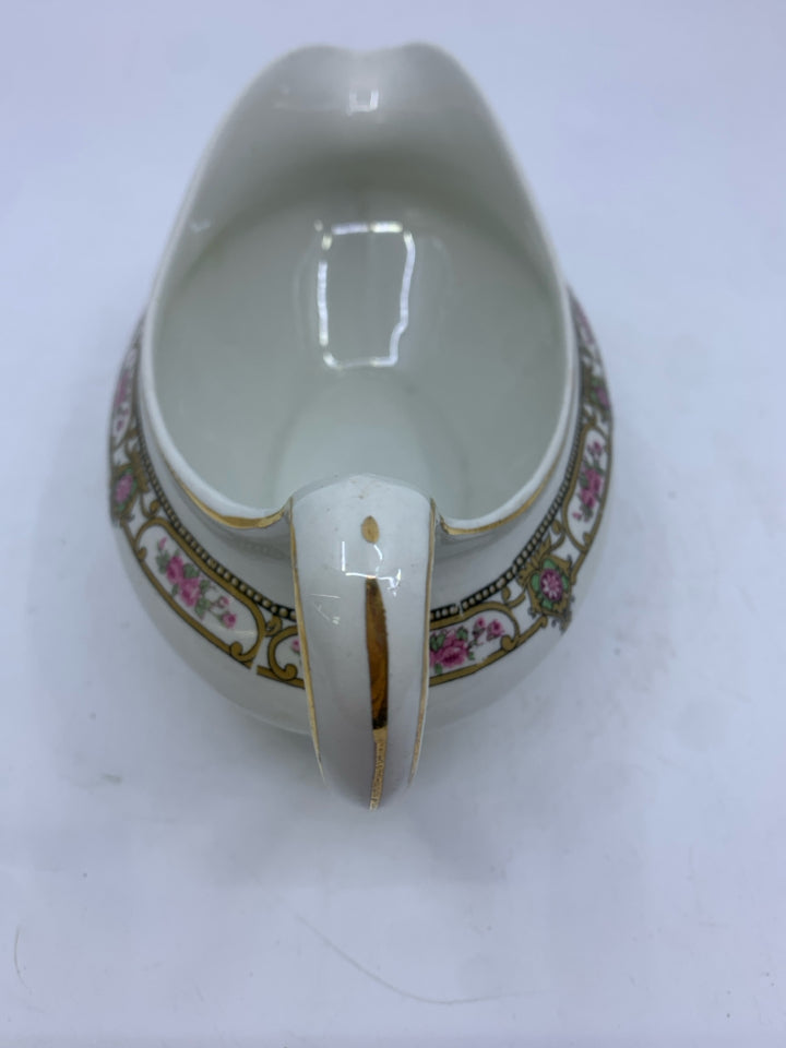 VTG GRAVY BOAT W/ GOLD SCROLL STRIPE W/ PINK ROSES MADE IN ENGLAND.
