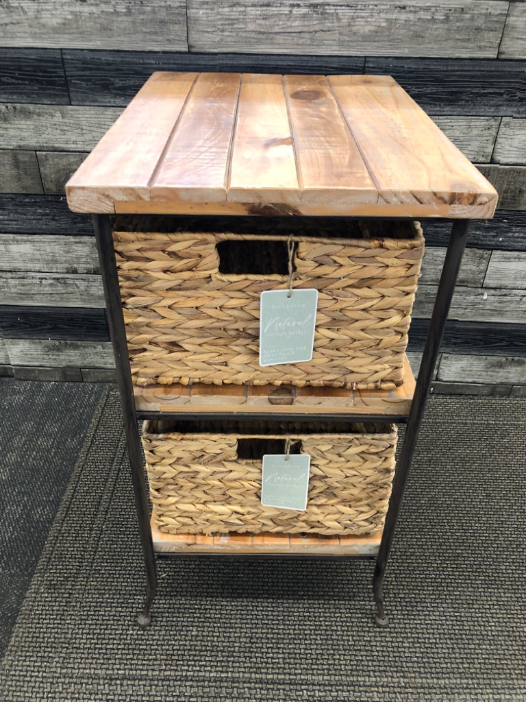 FARMHOUSE STYLE 3 SHELF TABLE W TWO BASKETS.
