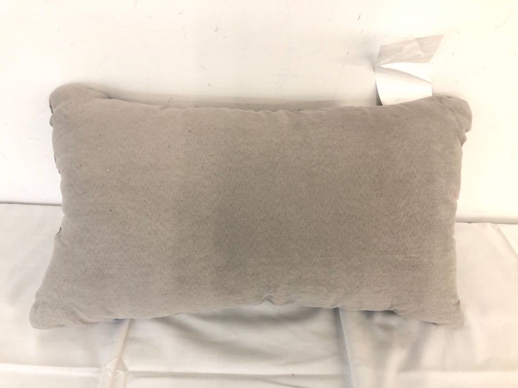 DECORATIVE PILLOW GRAY SUEDE WITH BLUE STRIPES.