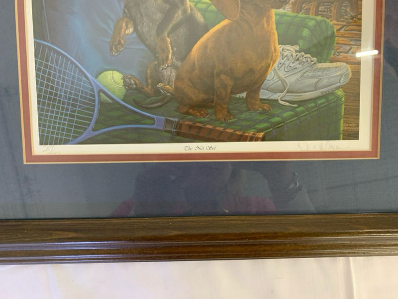 2 DACHSHUND SITTING "NET SET" TENNIS THEME- FRAMED SIGNED PRINT.