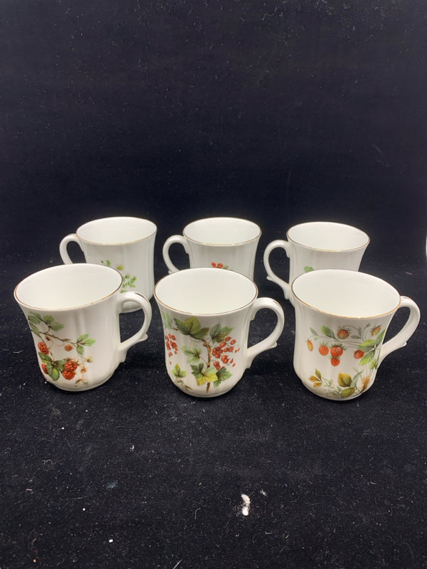 6 DUCHESS CHINA FLORAL & BERRIES MUGS.