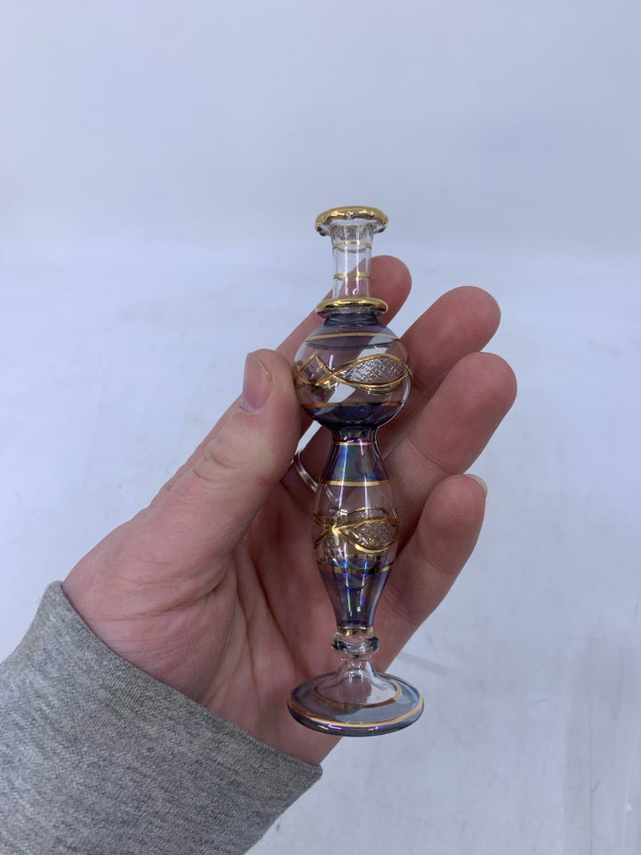 VERY DELICATE PERFUME BOTTLE BLUE W/ GOLD DETAILS.