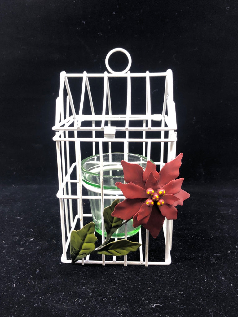 SMALL WHITE METAL BIRDCAGE TEA LIGHT HOLDER W FLORAL.