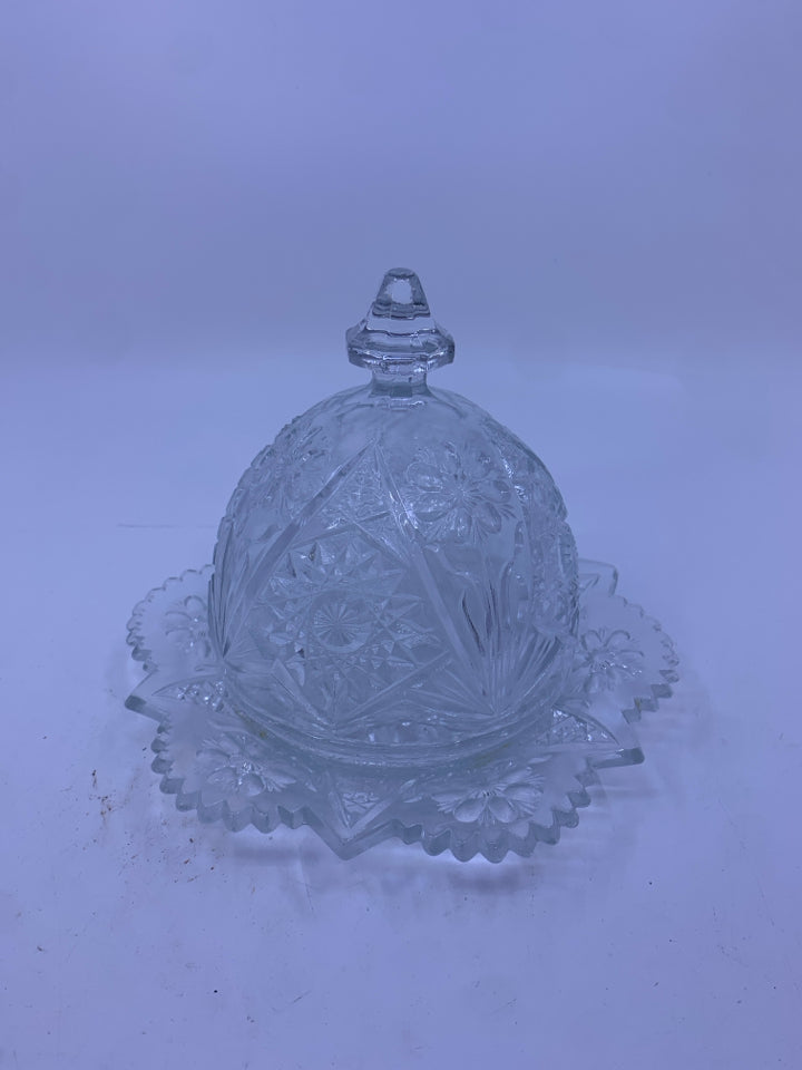 CUT GLASS BUTTER DISH W/ DOME EMBOSSED FLOWERS.