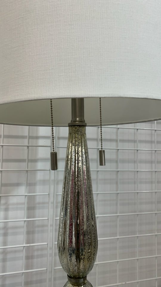 MERCURY GLASS BASE LAMP W/WHITE SHADE.