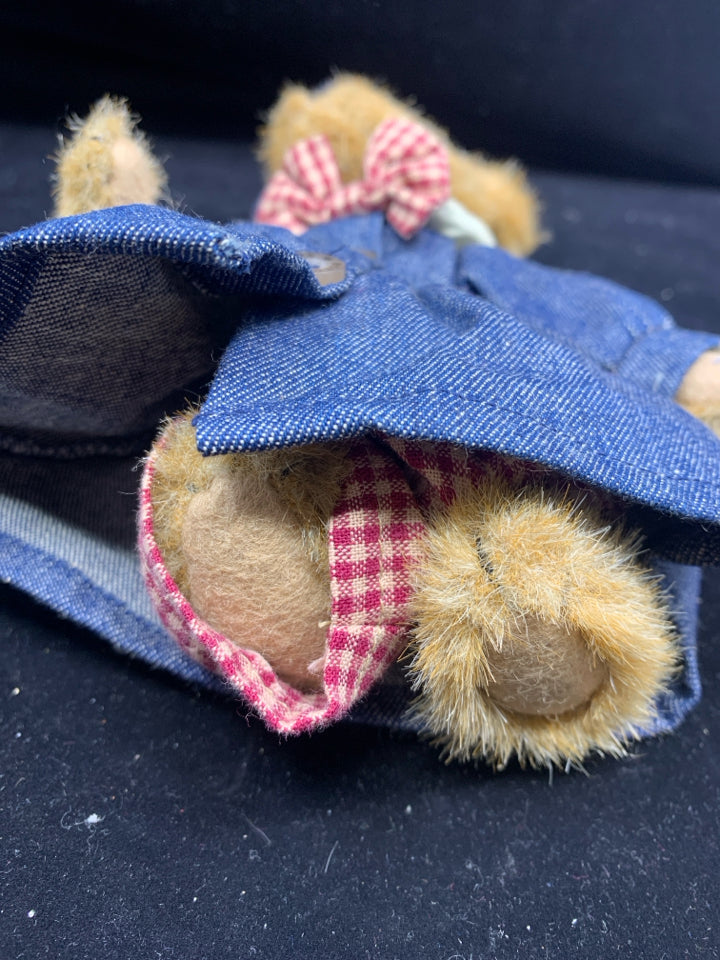 SMALL BOYDS BEAR IN JEAN DRESS.