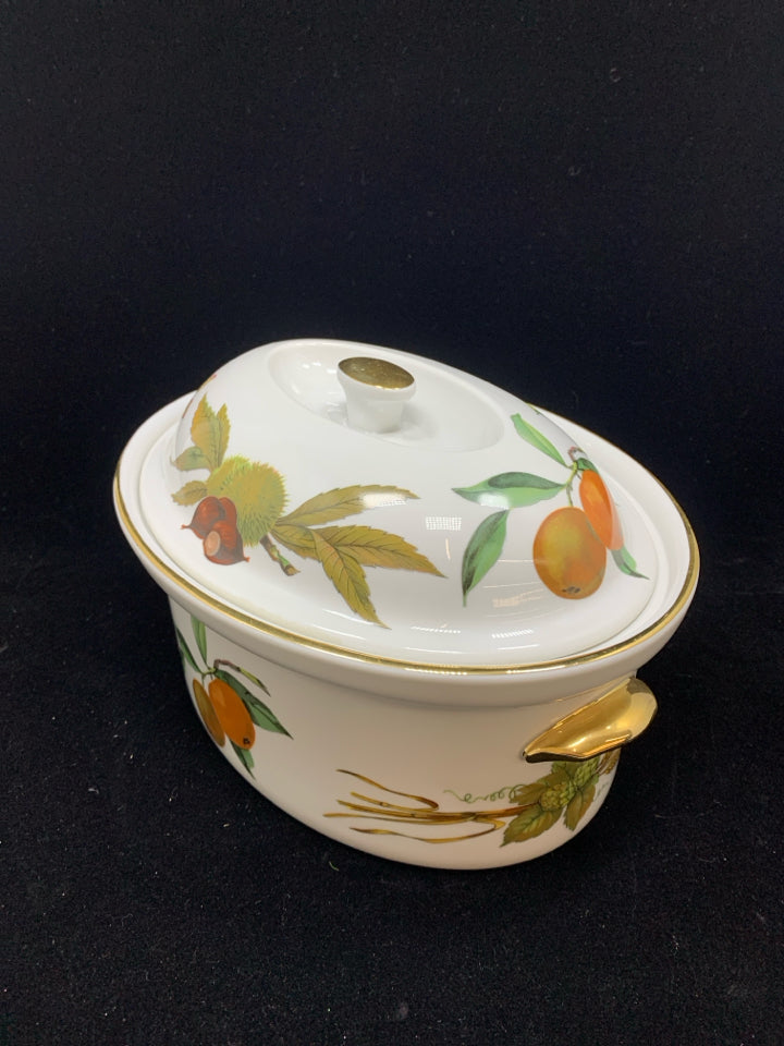 VTG FRUIT DESIGN OVAL COVERED CASSEROLE DISH.