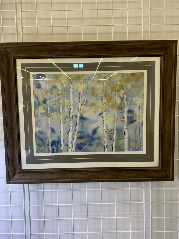 BROWN WOOD FRAME ETCHED DESIGN GUILDED FOREST WALL ART.
