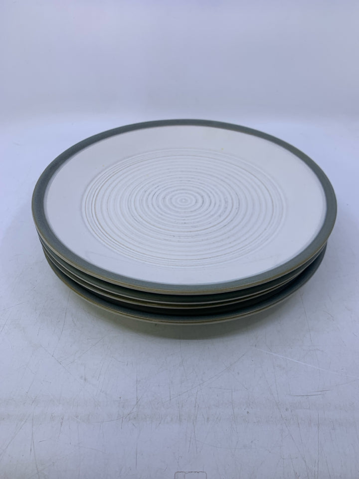 4 WHITE DINNER PLATES W/ GREY RIM.