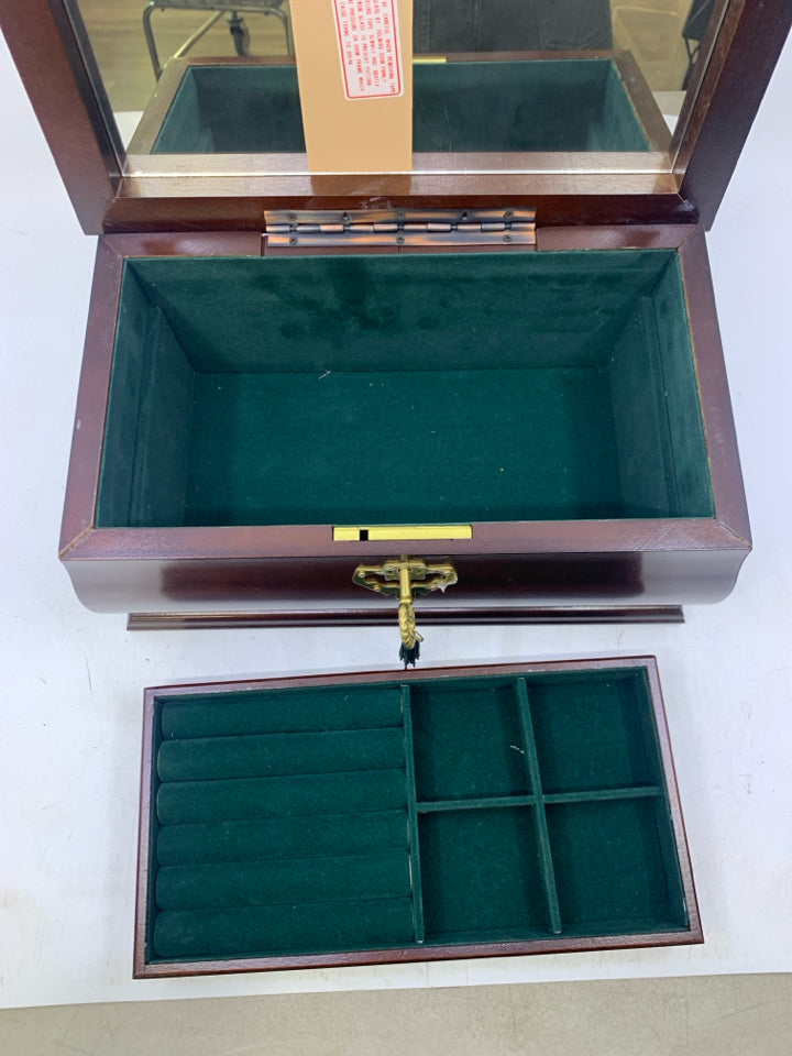 DARK BROWN WOOD W/ GREEN FELT LOCKS W/ KEY GOLD METAL HARDWARE.